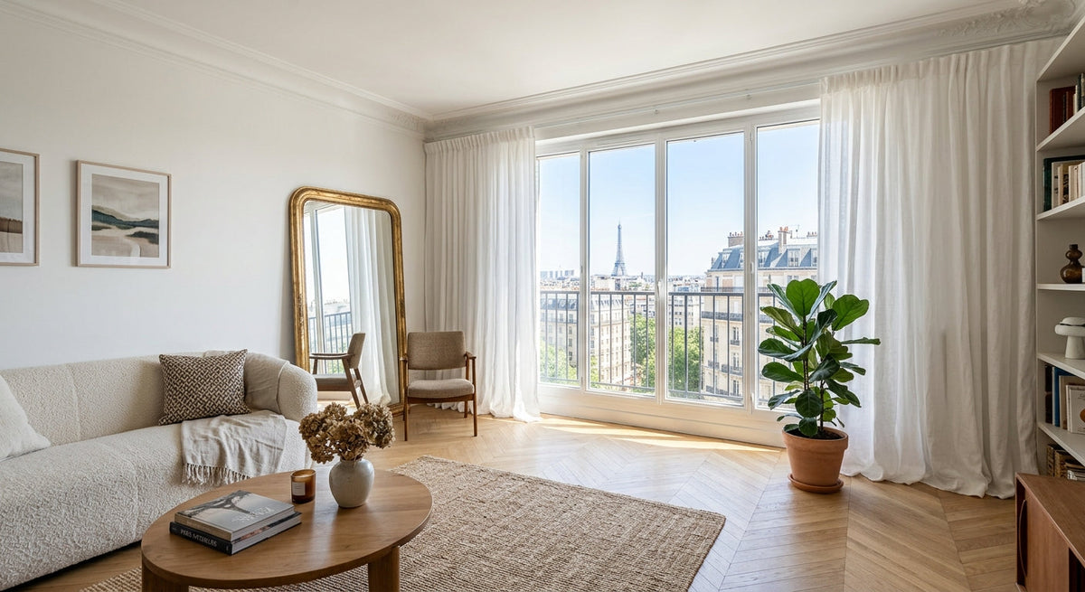 Salon lumineux avec voilages blancs tombant du plafond jusqu'au sol devant une grande fenêtre