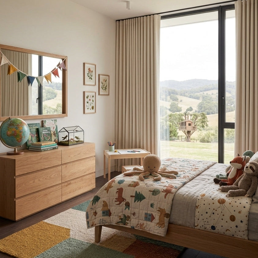 Chambre d'enfant avec rideaux beiges du sol au plafond devant une grande baie vitrée Image