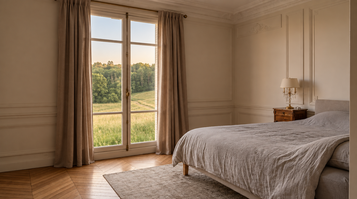 La même chambre habillée de rideaux taupe tombant jusqu'au sol