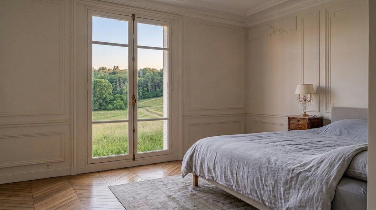 Chambre avec porte-fenêtre sans rideaux, avant l'habillage
