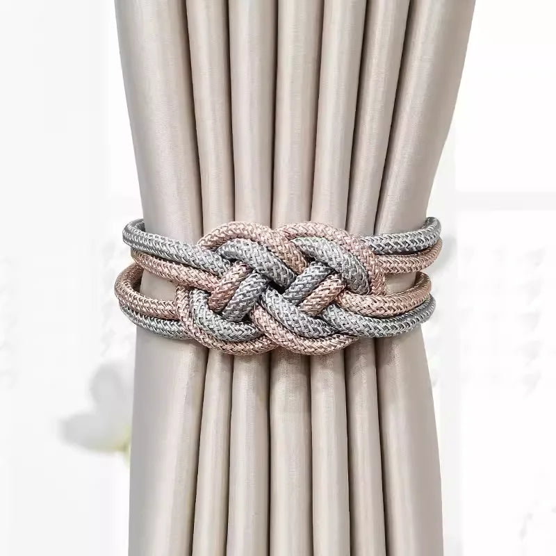 Embrasse magnétique à nœud tressé – coloris rose pâle et gris